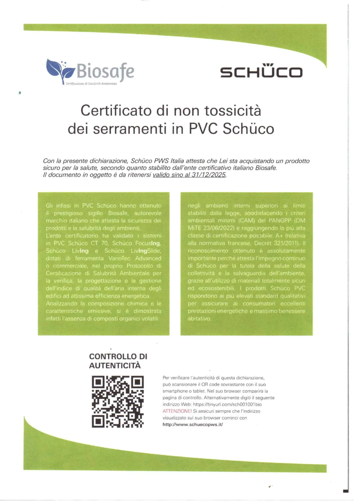 Certificato non tossicità serramenti